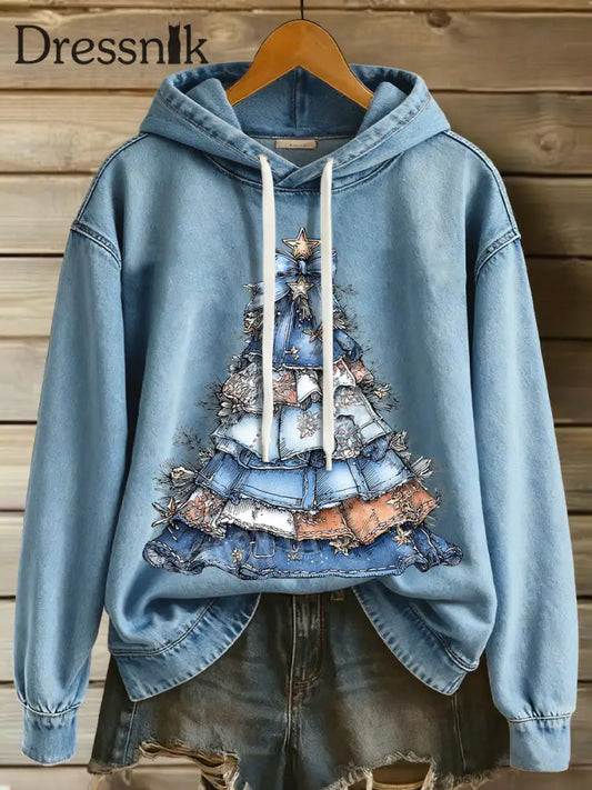 Damen-Weihnachts baum Kapuzen pullover blau / S