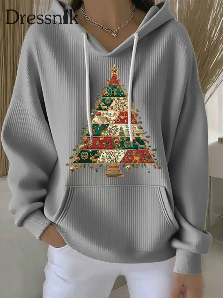 Damen Weihnachts baum Print Casual Hoodie Grau / S