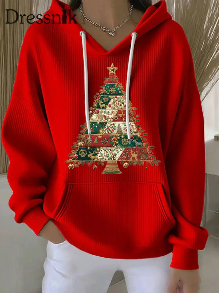 Damen Weihnachts baum Print Casual Hoodie Rot / S