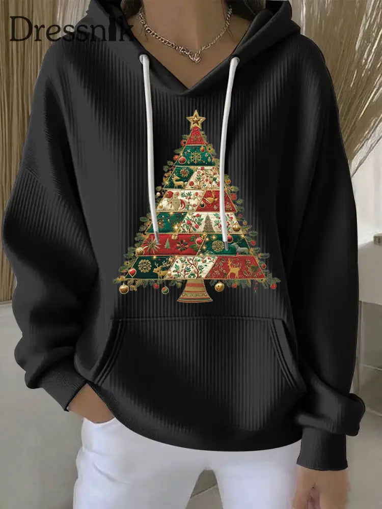 Damen Weihnachts baum Print Casual Hoodie Schwarz / S
