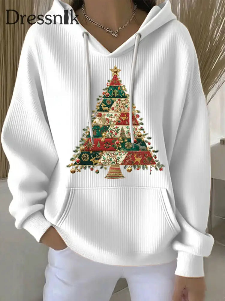 Damen Weihnachts baum Print Casual Hoodie Weiß / S