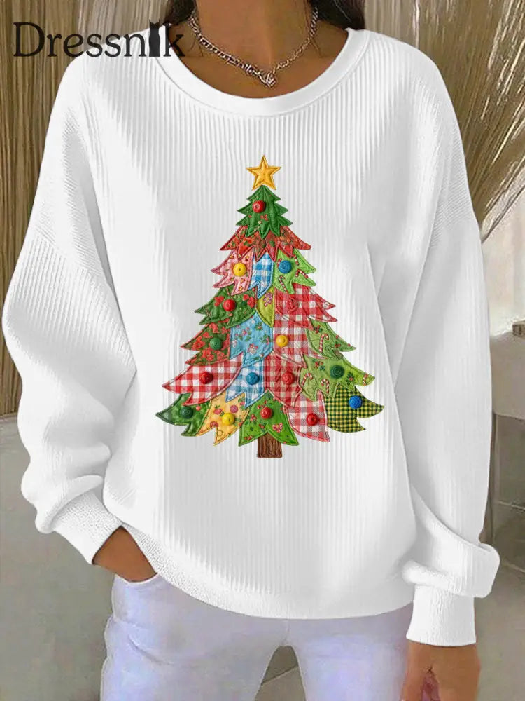 Damen Weihnachts baum Print Casual Sweatshirt Weiß / S