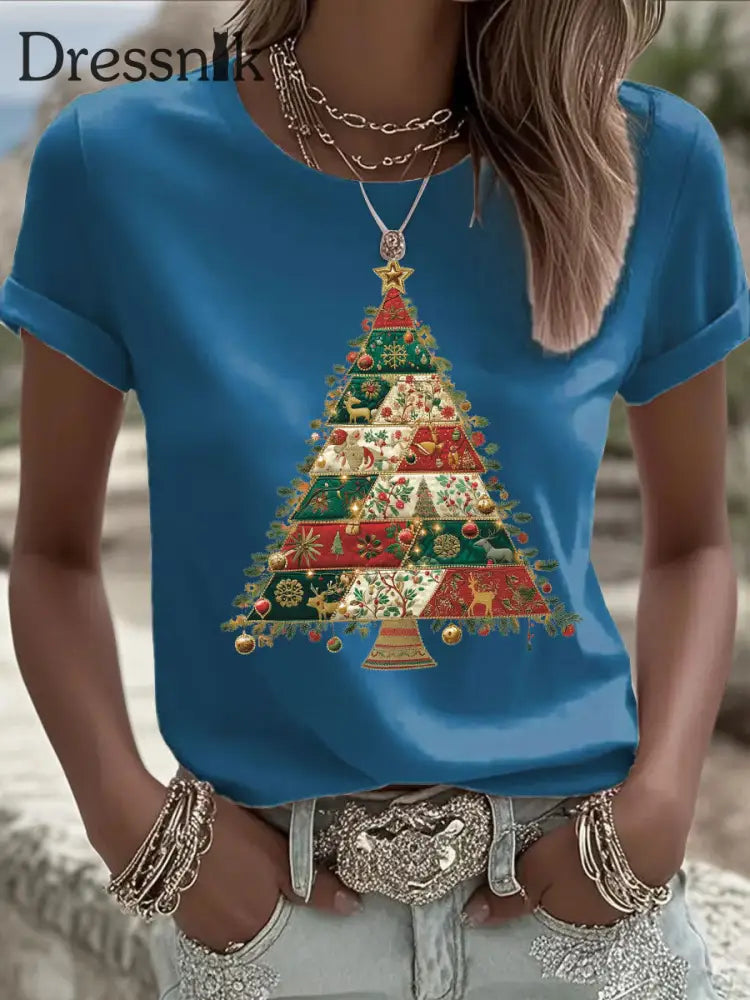 Damen Weihnachts baum Print Freizeit T-Shirt Blau / S