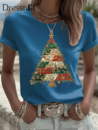 Damen Weihnachts baum Print Freizeit T-Shirt Blau / S