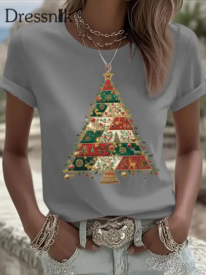 Damen Weihnachts baum Print Freizeit T-Shirt Grau / S
