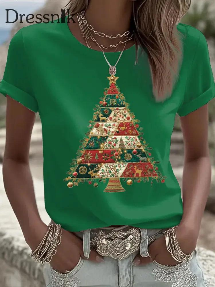 Damen Weihnachts baum Print Freizeit T-Shirt Grün / S