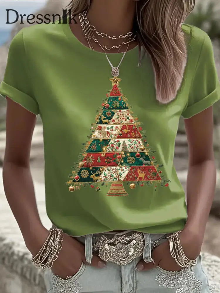 Damen Weihnachts baum Print Freizeit T-Shirt Hellgrün / S