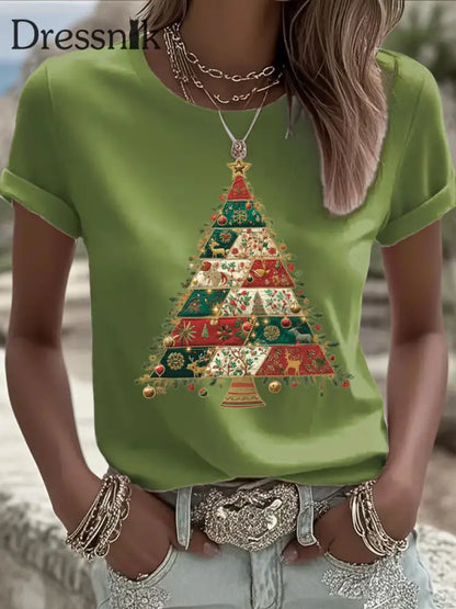 Damen Weihnachts baum Print Freizeit T-Shirt Hellgrün / S
