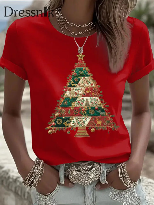 Damen Weihnachts baum Print Freizeit T-Shirt Rot / S