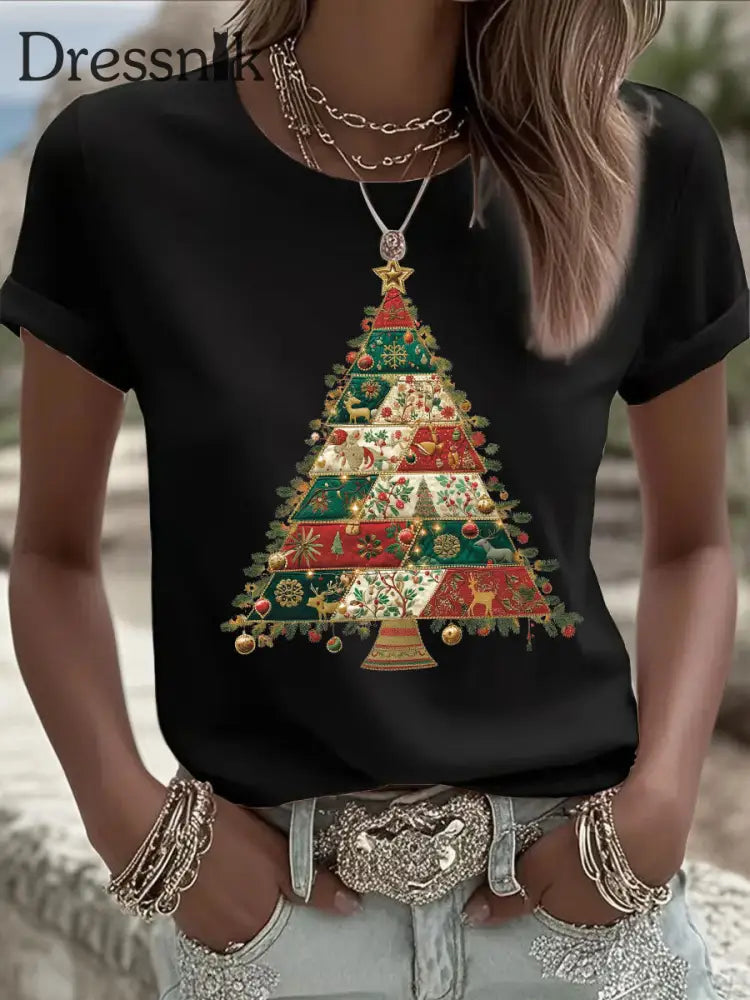 Damen Weihnachts baum Print Freizeit T-Shirt Schwarz / S