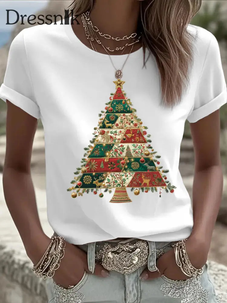 Damen Weihnachts baum Print Freizeit T-Shirt Weiß / S