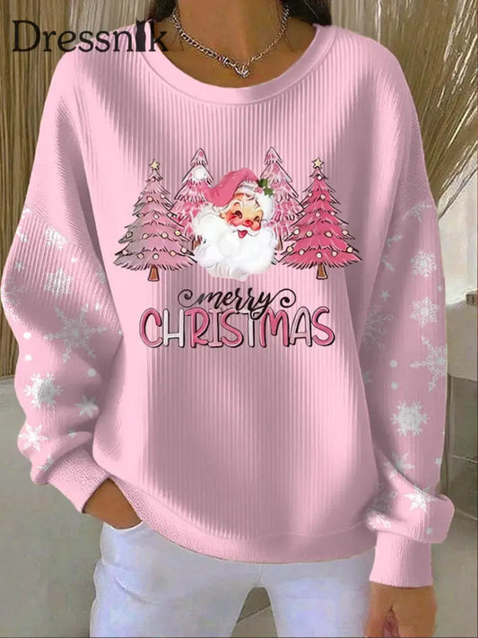 Damen Weihnachts baum Santa Geripptes Rundhals-Sweatshirt Rosa / S