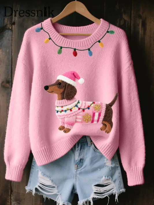 Damen-Weihnachts dackel Filz kunst Gemütlicher Strick pullover Rosa / S