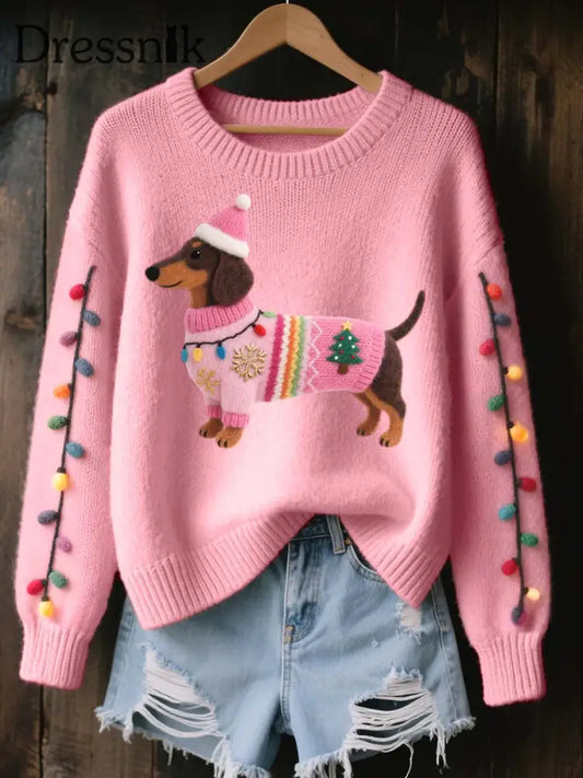 Damen-Weihnachts dackel Filz kunst Gemütlicher Strick pullover Rosa / S