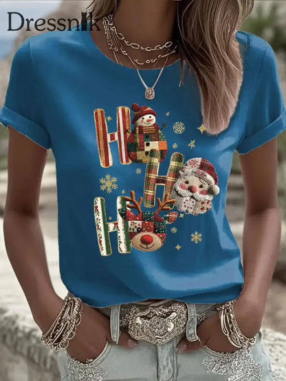 Damen Weihnachts druck Casual T-Shirt Blau / S