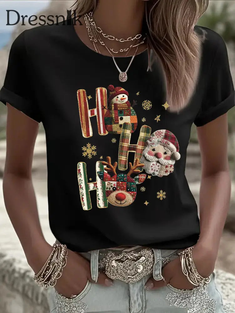 Damen Weihnachts druck Casual T-Shirt Schwarz / S