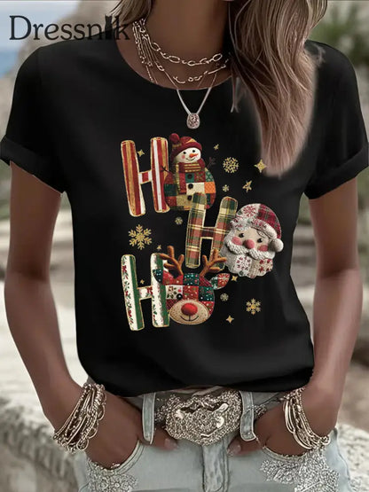 Damen Weihnachts druck Casual T-Shirt Schwarz / S