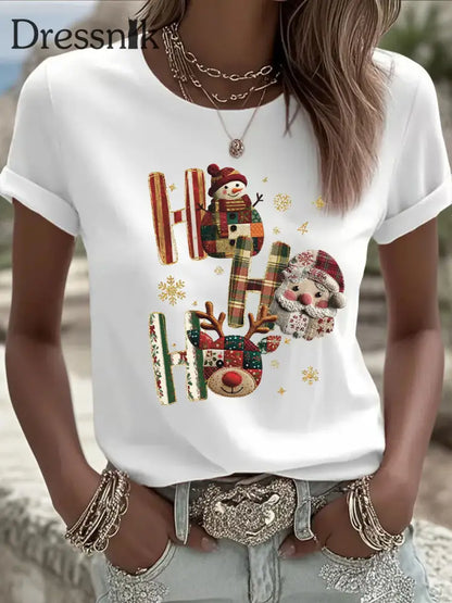 Damen Weihnachts druck Casual T-Shirt Weiß / S