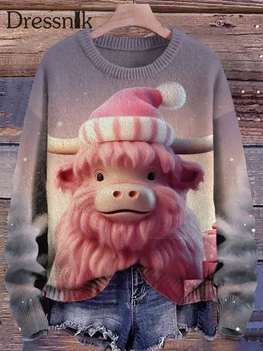 Damen Weihnachts Geschenk Highland Cattle 3D-Druck Rundhals Langarm Lose Bequeme Strick Pullover