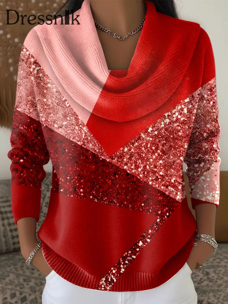 Damen-Weihnachts-Glitzer-Patchwork-Freizeit-Pullover Rot / S