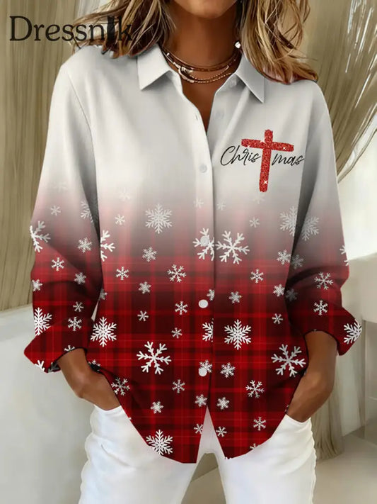 Damen-Weihnachts-Gradienten-Karo-Print-Freizeit-Leinen hemd als bild / S
