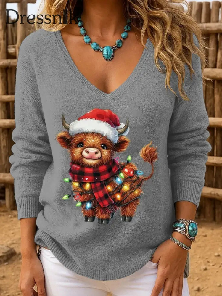 Damen-Weihnachts-Hochland rinder bedruckte Tops Grau / S