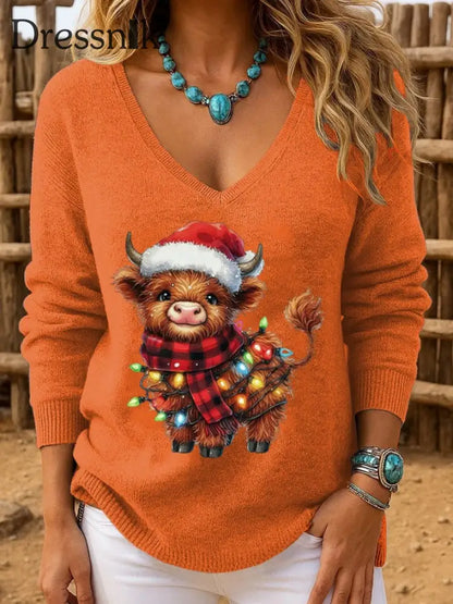 Damen-Weihnachts-Hochland rinder bedruckte Tops Orange / S