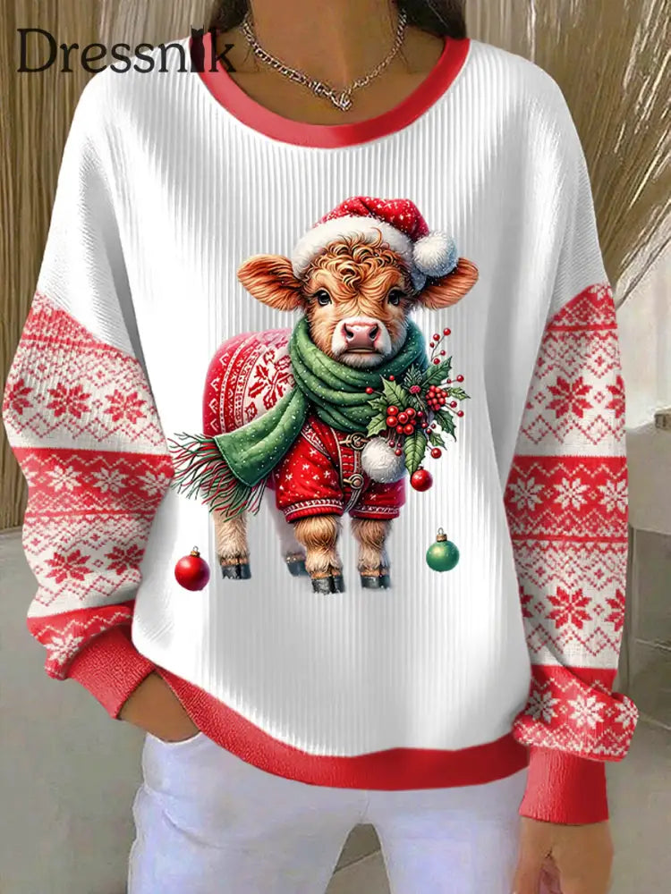 Damen-Weihnachts-Hochland rinder bedruckte Tops Rot / S