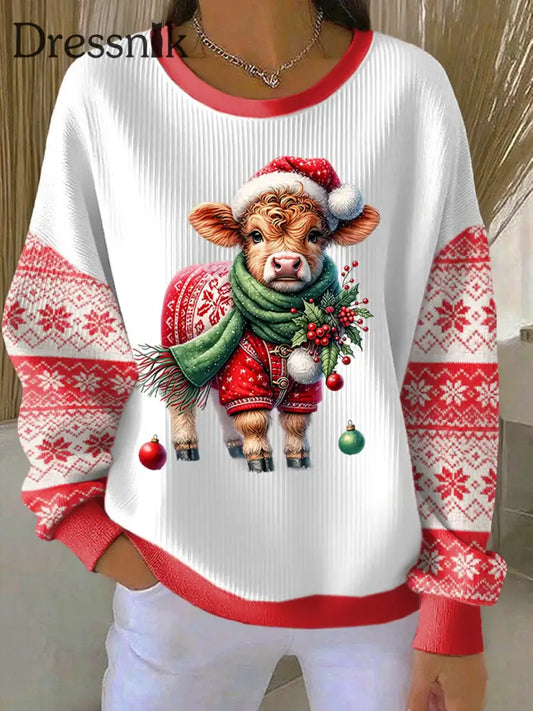 Damen-Weihnachts-Hochland rinder bedruckte Tops Rot / S