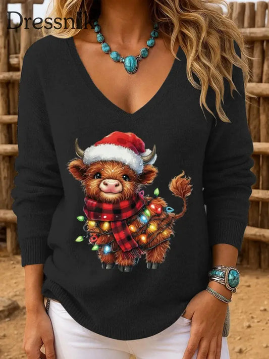 Damen-Weihnachts-Hochland rinder bedruckte Tops Schwarz / S