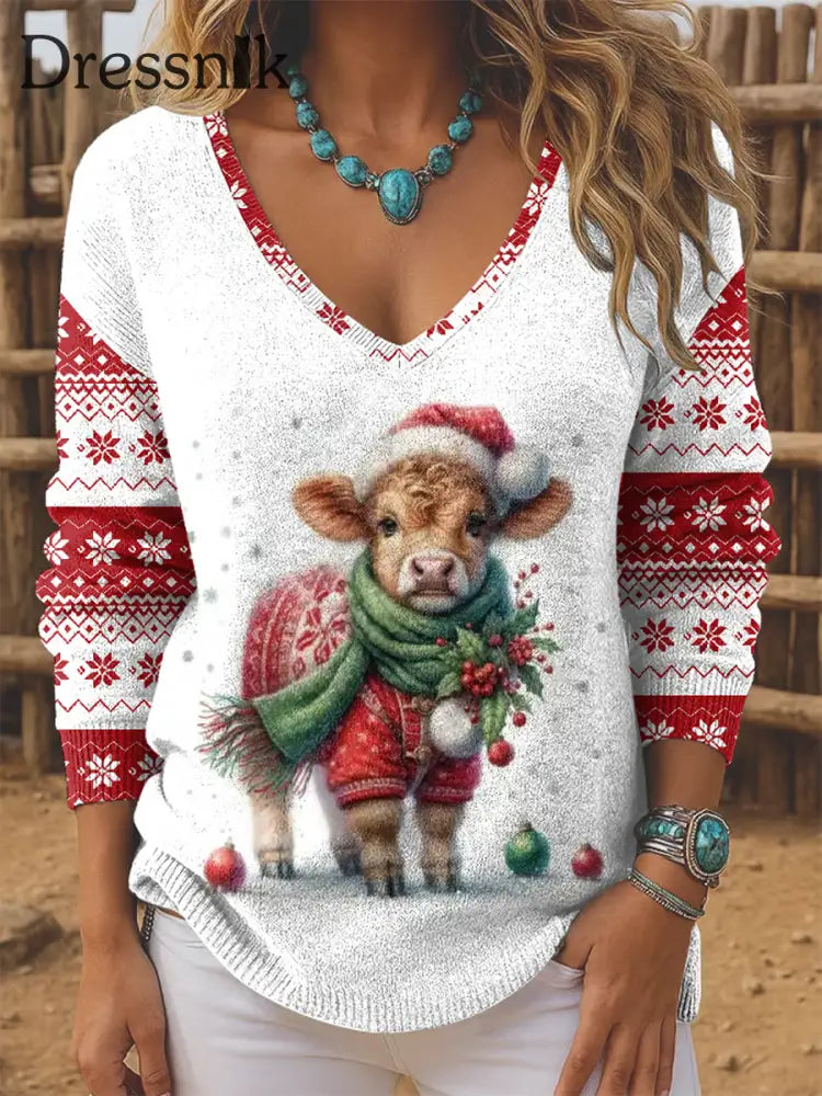 Damen-Weihnachts-Hochland rinder bedruckte Tops Weiß / S