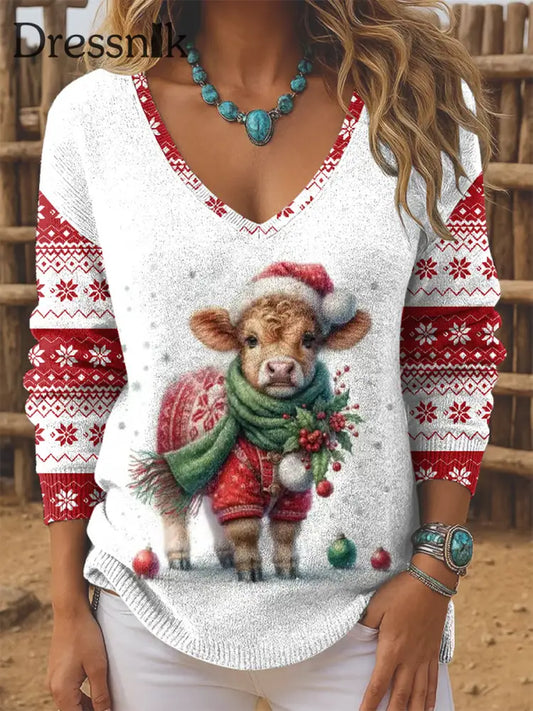 Damen-Weihnachts-Hochland rinder bedruckte Tops Weiß / S