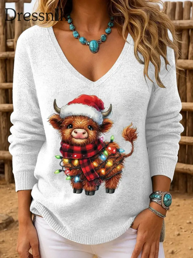 Damen-Weihnachts-Hochland rinder bedruckte Tops Weiß / S