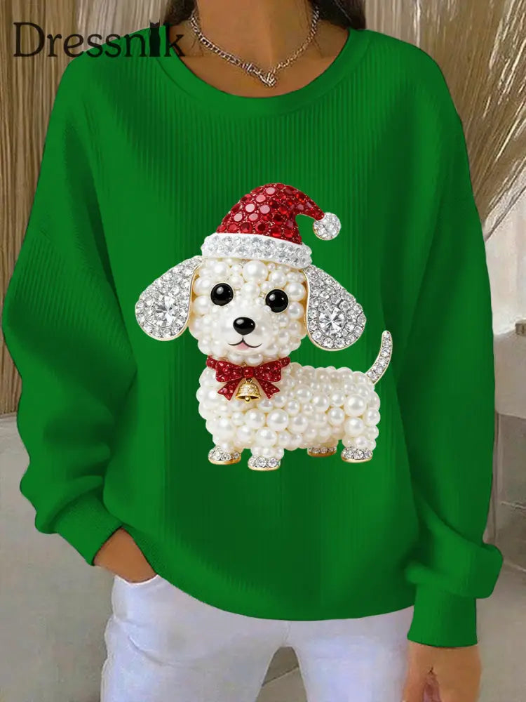 Damen-Weihnachts hunde kunst Geripptes Sweatshirt mit Rundhals ausschnitt Grün / S