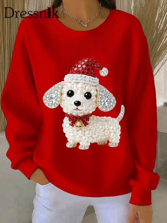Damen-Weihnachts hunde kunst Geripptes Sweatshirt mit Rundhals ausschnitt Rot / S