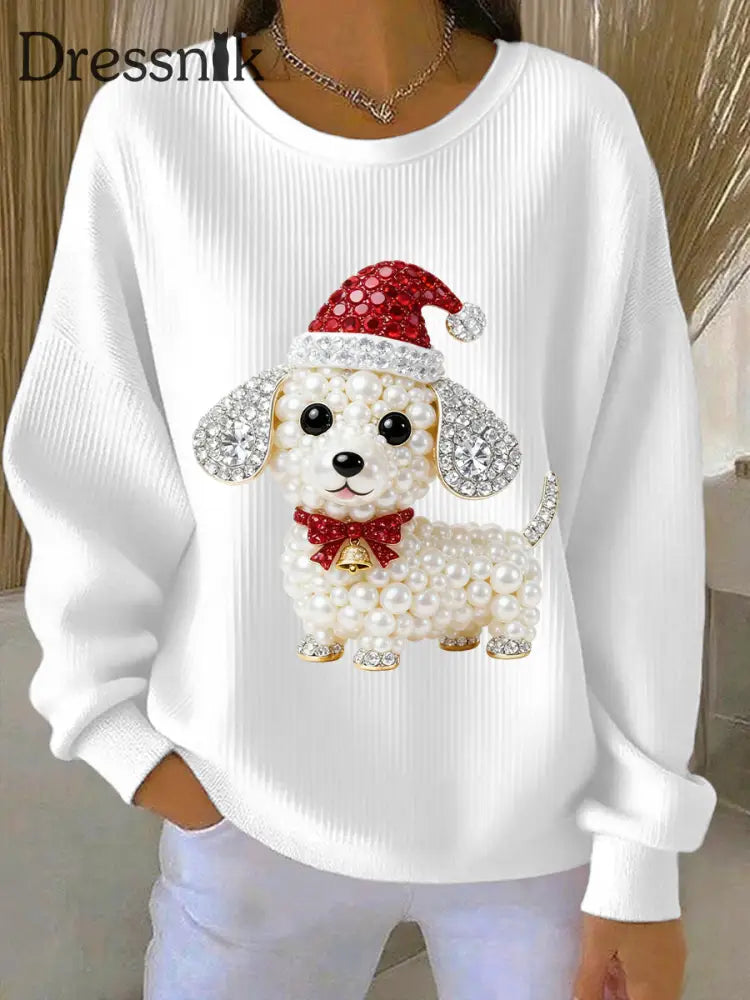 Damen-Weihnachts hunde kunst Geripptes Sweatshirt mit Rundhals ausschnitt Weiß / S