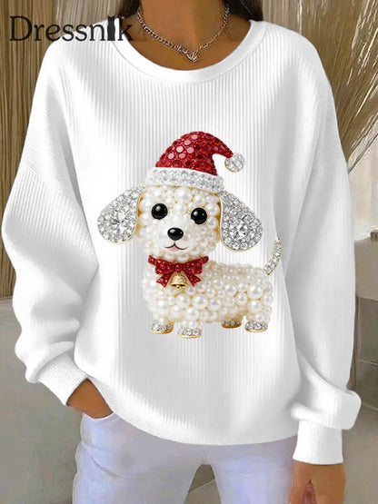 Damen-Weihnachts hunde kunst Geripptes Sweatshirt mit Rundhals ausschnitt Weiß / S