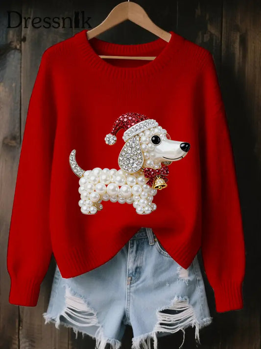 Damen-Weihnachts-Hunde-Kunst-Sweatshirt Rot / S