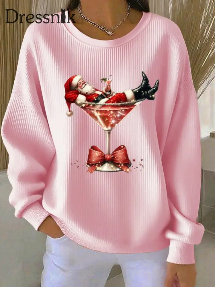 Damen-Weihnachts mann bedruckte Tops Hellrosa / S
