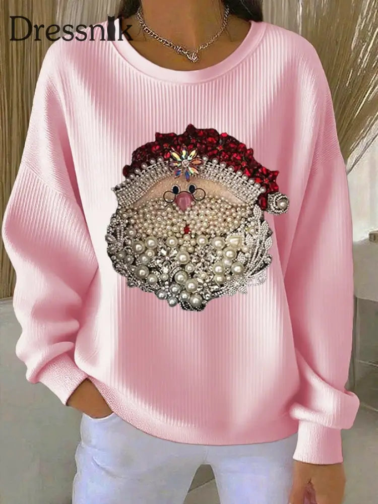 Damen Weihnachts mann Bedrucktes Rundhals-Sweatshirt Hellrosa / S