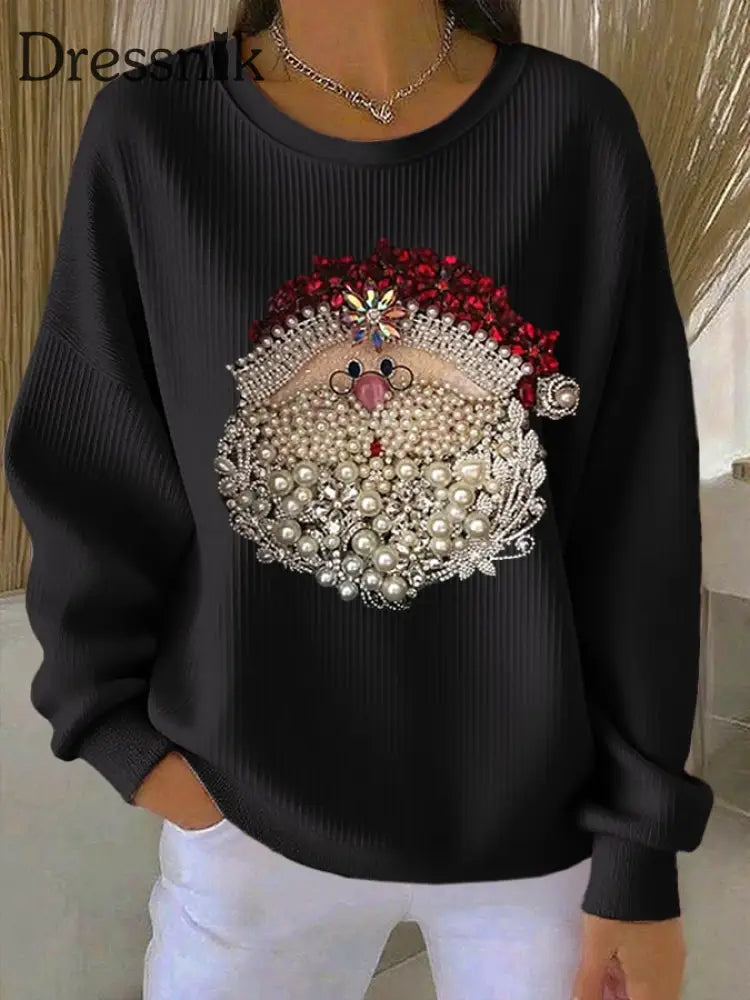 Damen Weihnachts mann Bedrucktes Rundhals-Sweatshirt Schwarz / S