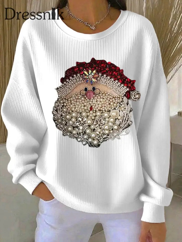 Damen Weihnachts mann Bedrucktes Rundhals-Sweatshirt Weiß / S