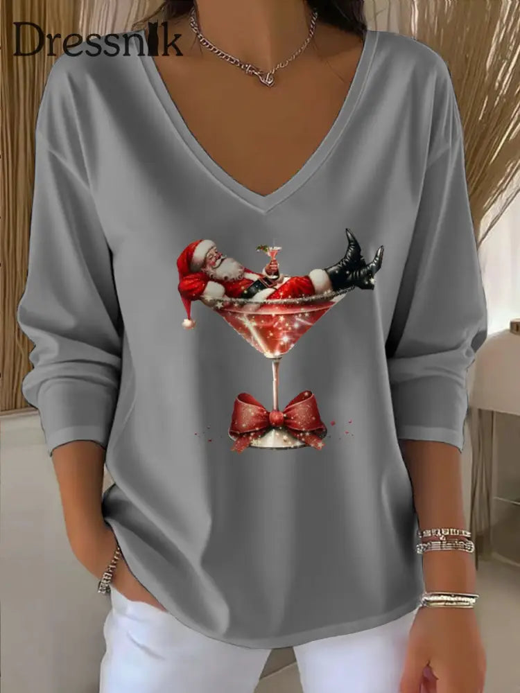 Damen Weihnachts mann bedrucktes V-Ausschnitt T-Shirt Grau / S