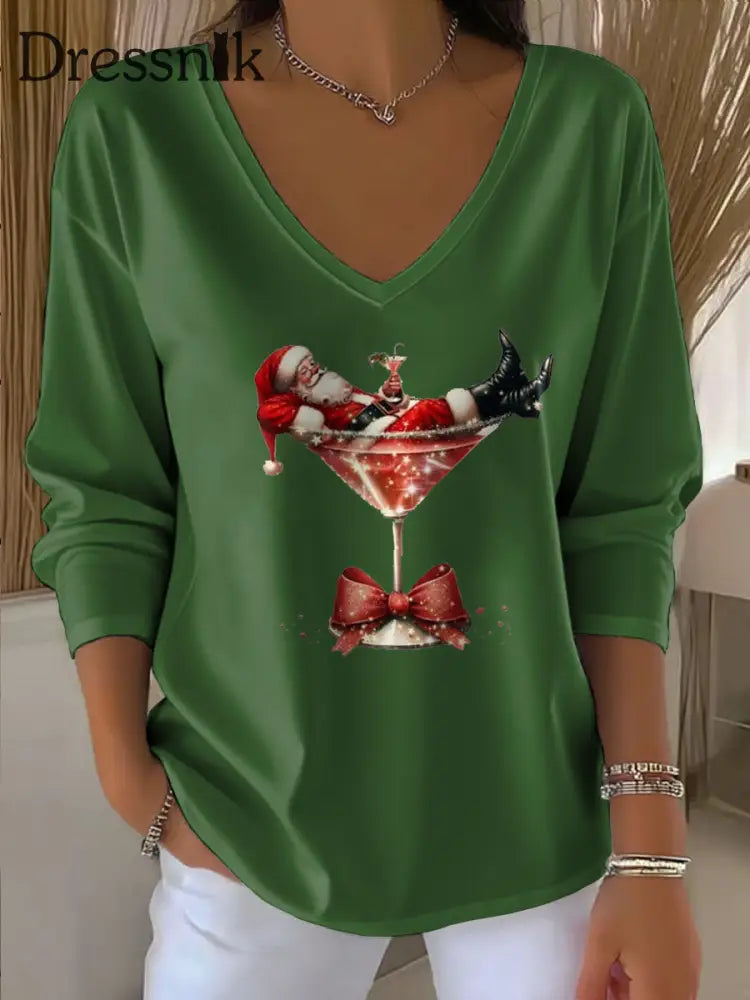 Damen Weihnachts mann bedrucktes V-Ausschnitt T-Shirt Grün / S