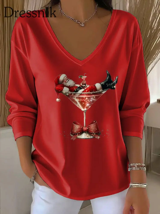 Damen Weihnachts mann bedrucktes V-Ausschnitt T-Shirt Rot / S