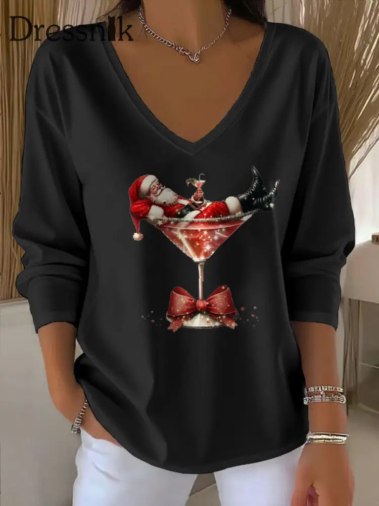 Damen Weihnachts mann bedrucktes V-Ausschnitt T-Shirt Schwarz / S