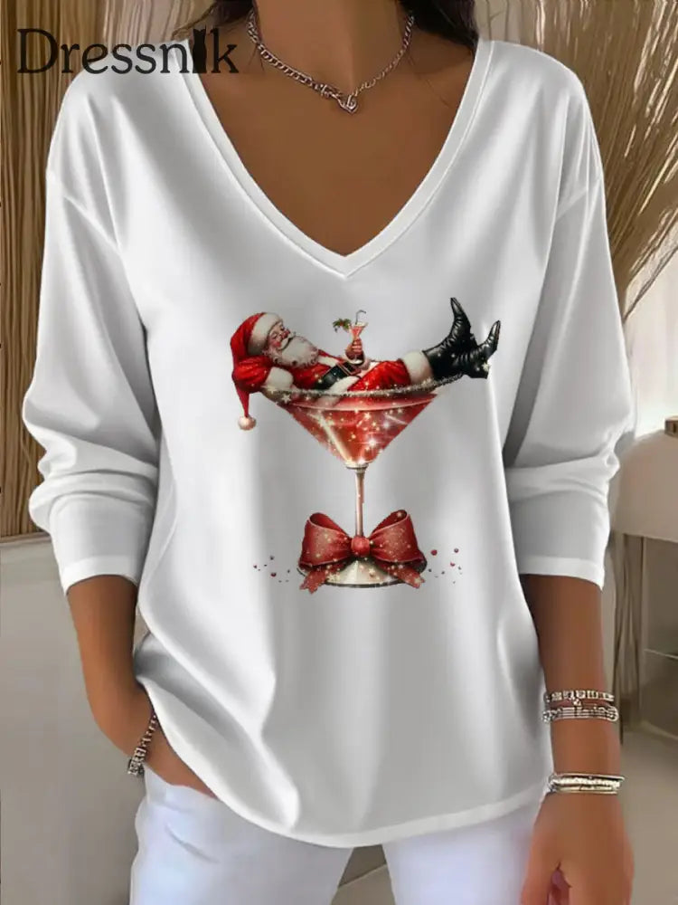 Damen Weihnachts mann bedrucktes V-Ausschnitt T-Shirt Weiß / S