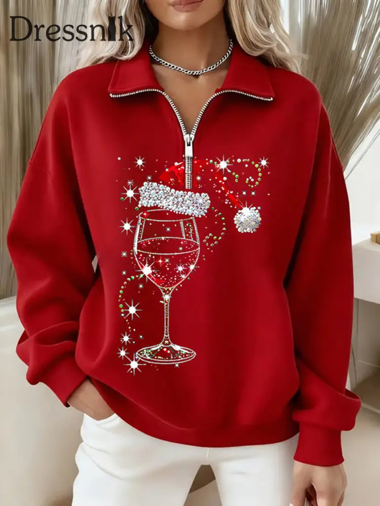 Damen Weihnachts weihnachts mann Hut Weinglas Langarm Reiß verschluss Sweatshirt Rot / S