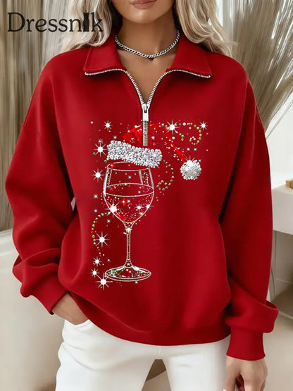 Damen Weihnachts weihnachts mann Hut Weinglas Langarm Reiß verschluss Sweatshirt Rot / S