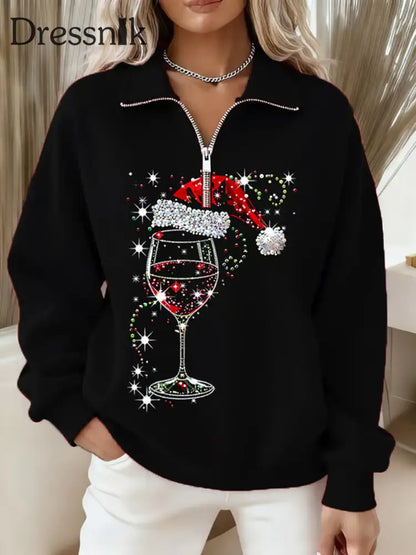 Damen Weihnachts weihnachts mann Hut Weinglas Langarm Reiß verschluss Sweatshirt Schwarz / S